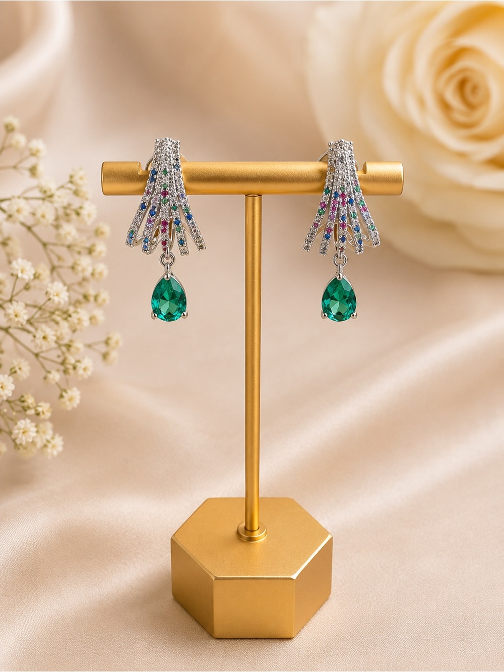 Emerald green Teardrop rhinestone Drop Earrings -  Multicolor Accents 925 posts